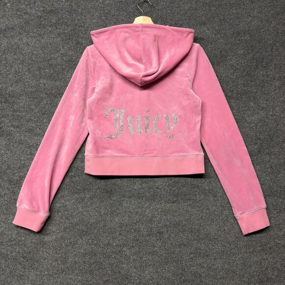 Juicy Couture Tops - Juicy Couture Velour Hoodie Womens M Pink Full Zip Rhinestone Juicy Y2K Logo